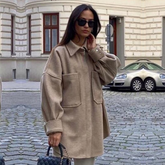 Lizakosht Ladies Brand Stylish Pockets Oversized Loose Jacket Coat Women Fashion Lapel Collar Long Sleeve Outerwear Chic Shirt Tops Female