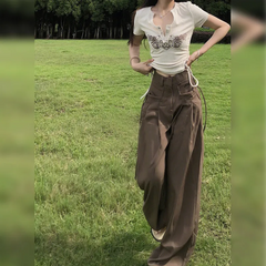 Lizakosht Pants Women High Waist Students Retro Daily Loose Simple Casual Bandage Solid Spring Comfortable All-match Korean Style Special