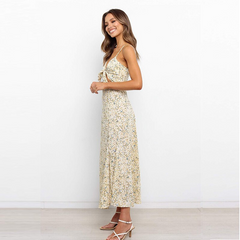 Lizakosht Spring Summer Floral Dress Yellow Lace Up Dress Sexy Backless Dress Maxi Dress Women Causal Dress for Party Club