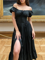 Lizakosht Women's Summer Bubble Short-sleeved Long Dress French Court Style Dress Women's Medieval Elegant Retro A-line Sexy Slit Dresses