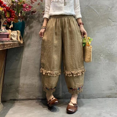 Lizakosht Mori series Japan style elastic waist casual ankle-length pants embroidery linen pants