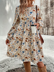 LIZAKOSHT - Tiered Floral Round Neck Long Sleeve Dress