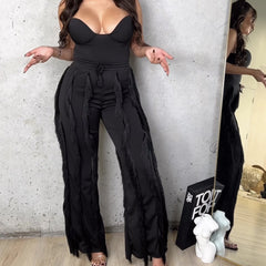 LIZAKOSHT - New European and American Women's Clothing Hot Sale Solid Color Tassel Two-piece Suit