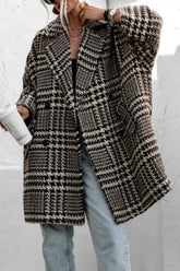 LIZAKOSHT - Houndstooth Collared Neck Long Sleeve Coat with Pockets