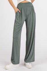 LIZAKOSHT - Mittoshop Stretch Banded Waist Wide Leg Pants with Pockets