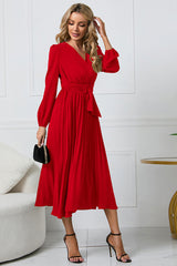 LIZAKOSHT - V-Neck Long Sleeve Tie Waist Midi Dress