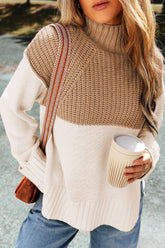 LIZAKOSHT - Slit Color Block Turtleneck Long Sleeve Sweater