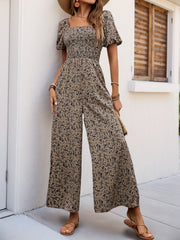 LIZAKOSHT - Perfee Smocked Printed Square Neck Puff Sleeve Jumpsuit