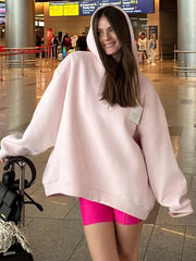 Lizakosht Streetwear Sweatshirt Women Oversized Letter Print Pullovers Vintage Korean Patchwork Loose Casual All Match Hoodies Tops