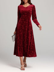 LIZAKOSHT - Flower Print V-Neck Long Sleeve Midi Dress