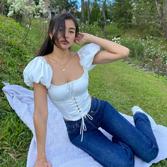 Lizakosht Stitched Puff Sleeve Short Top Women's Black  White Contrast Color Fake Two-piece Bandage Pleated Square-neck Top