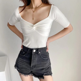 Lizakosht Women Off Shoulder Twist Front Short Sleeved Top