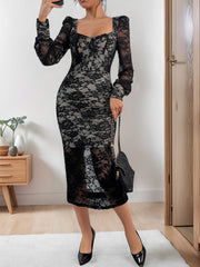 LIZAKOSHT - Perfee Lace Sweetheart Neck Long Sleeve Midi Dress