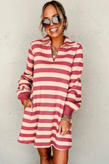LIZAKOSHT - Contrast Striped Johnny Collar Long Sleeve Mini Dress
