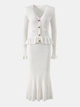 LIZAKOSHT - Ruffled V-Neck Top and Midi Skirt Sweater Set