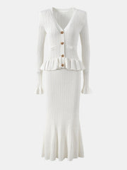 LIZAKOSHT - Ruffled V-Neck Top and Midi Skirt Sweater Set