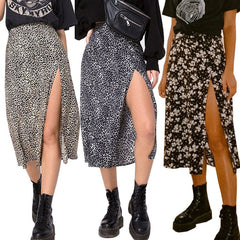 LIZAKOSHT - Flower Leopard Print High Waist Elastic Split Long A-line Skirt for Women 11 Colors 4 Sizes