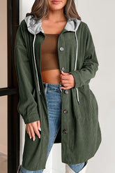 LIZAKOSHT - Drawstring Button Up Long Sleeve Hooded Jacket