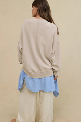 LIZAKOSHT - Side Slit Round Neck Long Sleeve Sweatshirt