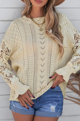 LIZAKOSHT - Openwork Round Neck Long Sleeve Sweater