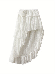LIZAKOSHT - Women'S Summer Lace Skirt High Waist Asymmetric Ruffled Hem Skirt Elegant A-Line Midi Skirts