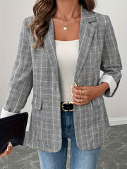 LIZAKOSHT  -  Single-Breasted Lapel Collar Plaid Blazer