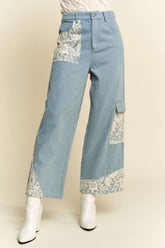 LIZAKOSHT - Davi & Dani Lace Applique Wide Leg Jeans