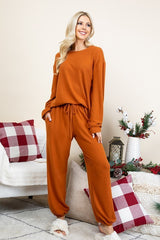 LIZAKOSHT - Super Lady Full Size Fuzzy Hacci Brush Round Neck Top and Pants Lounge Set