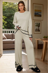 LIZAKOSHT - High-Low Round Neck Top and Pants Sweater Set