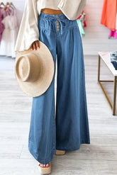 LIZAKOSHT - Drawstring Elastic Waist Wide Leg Jeans