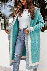 LIZAKOSHT - Pocketed Contrast Long Sleeve Hooded Cardigan