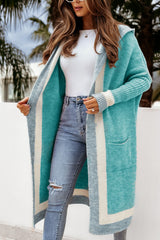 LIZAKOSHT - Pocketed Contrast Long Sleeve Hooded Cardigan