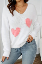 LIZAKOSHT - Heart V-Neck Long Sleeve Sweater