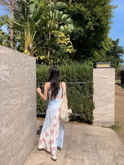 LIZAKOSHT - Women'S Vacation-Style Floral Check Dress with Lace Detail - Sleeveless, A-Line, Long Summer Dress for Adults, Lightweight Fabric, Perfect for Beach or Poolside, Beach Attire|Floral Print Dress|Lace Detailing, B