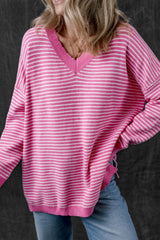 LIZAKOSHT - Striped V-Neck Dropped Shoulder Sweater