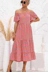 LIZAKOSHT - Plaid Off-Shoulder Tiered Midi Dress