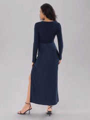 LIZAKOSHT - Split Round Neck Long Sleeve Midi Dress