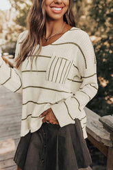 LIZAKOSHT - Striped V-Neck Drop Shoulder Sweater
