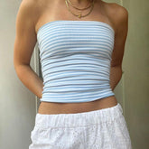 LIZAKOSHT - Women's Striped Print Ruched Crop Tube Top, Casual Strapless Cropped Top for Summer, Ladies Clothes for Daily Wear