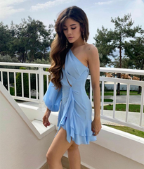 Lizakosht Elegant Short One Shoulder Chiffon Evening Dresses A-Line Sky Blue Ruffled Cocktail Party Dress Robes de soirée for Women