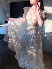 Lolita Ruffle Floral Dress Women Rose Print Sundress E-girl Elegant Korean Fashion Fairy Mini Dress Mori Girl Flower Y2k Robe BF