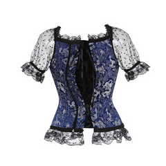 Lizakosht Summer Shirts Women Steampunk Lace Patchwork Tops Short Sleeves Stand Collar Tops Vintage Party Cocktail Gothic Retro Blouse New