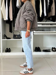 LIZAKOSHT - Baseball Collar Snap Down Long Sleeve Jacket