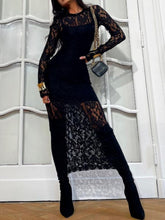 LIZAKOSHT - Lace Round Neck Long Sleeve Midi Dress