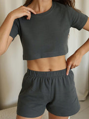 LIZAKOSHT - Waffle-Knit Round Neck T-Shirt, Open Front Cardigan and Shorts Set