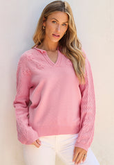 LIZAKOSHT - Daisy Notched Long Sleeve Sweater
