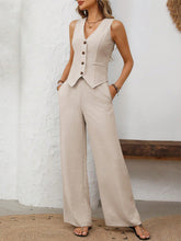 LIZAKOSHT  -  V-Neck Button Down Vest and Wide Leg Pants Set