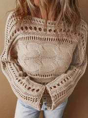 LIZAKOSHT - Hollow Out Cable-Knit Boat Neck Sweater