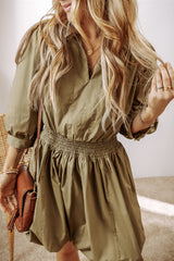 LIZAKOSHT - Smocked Johnny Collar Three-Quarter Sleeve Mini Dress