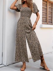 LIZAKOSHT - Perfee Smocked Printed Square Neck Puff Sleeve Jumpsuit